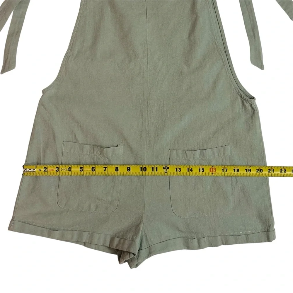 SHEIN Women Cotton Bib Shortalls Romper Sage Green Tie Strap Pockets